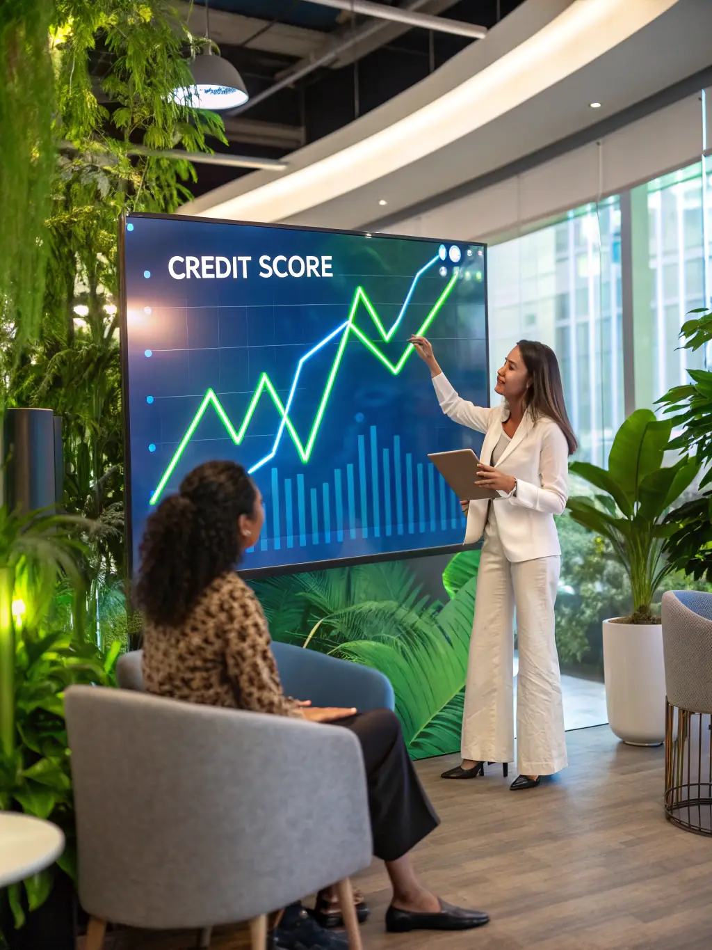 A credit score graph showing an upward trend, symbolizing improvement and financial health, with a consultant explaining the data.