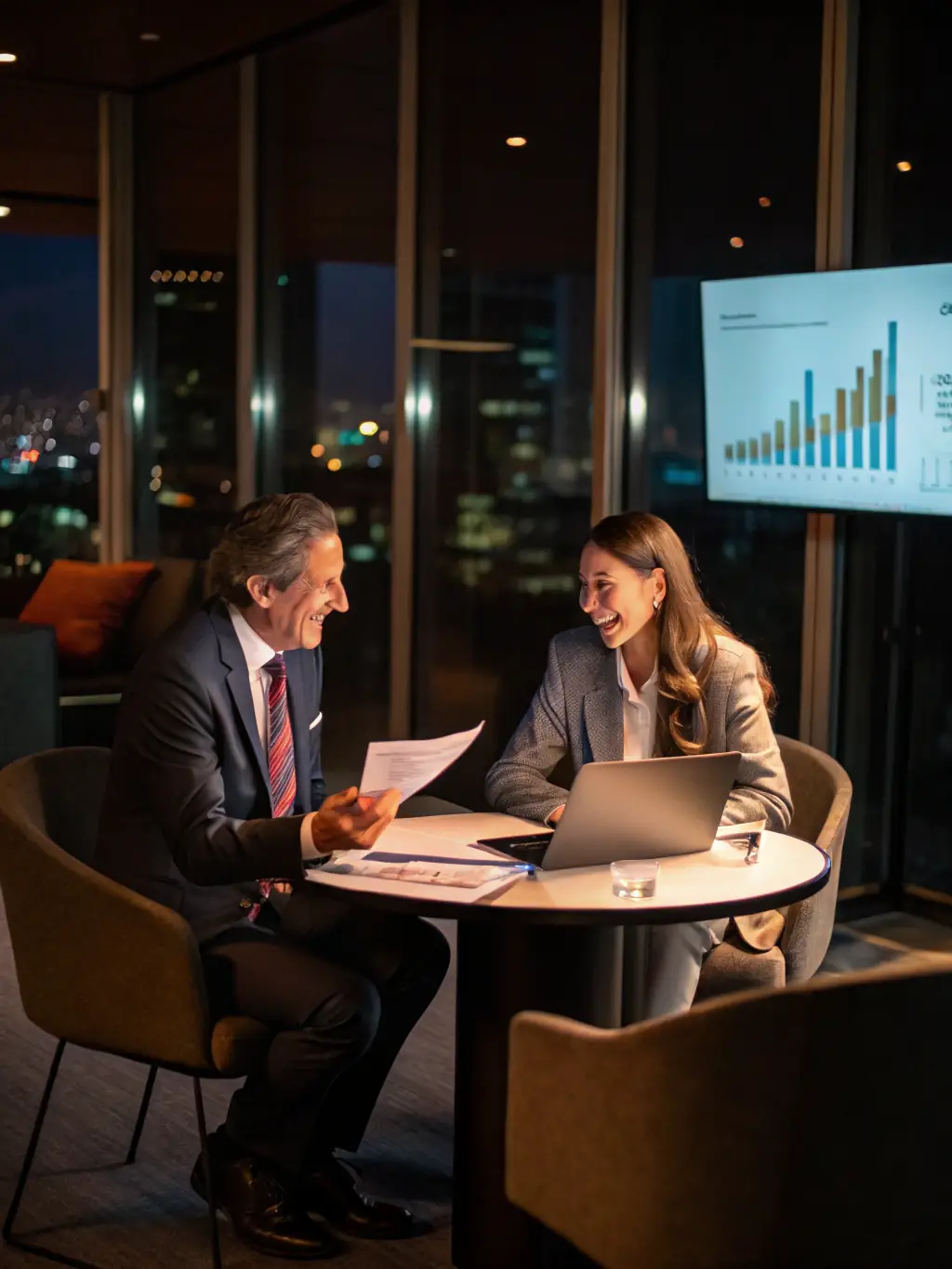 A financial consultant presenting a comprehensive financial report to a business owner, highlighting key strengths and weaknesses.