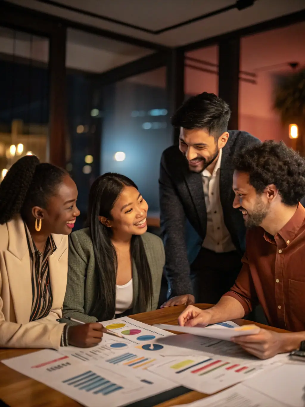 A diverse team of consultants collaborating on financial strategies in a modern office, showcasing expertise and teamwork.