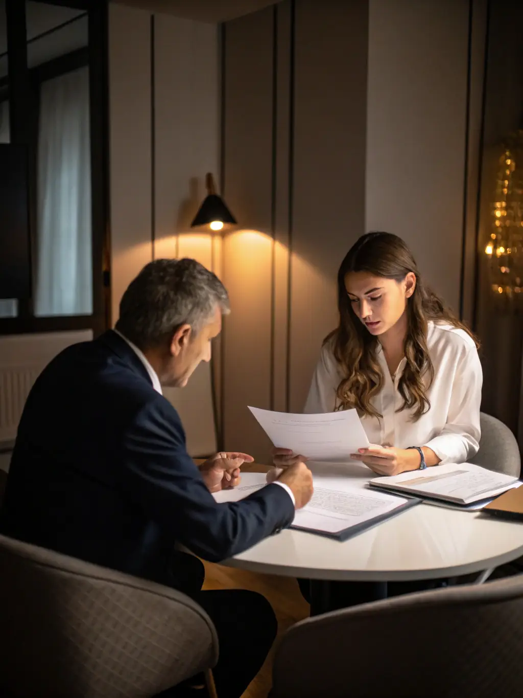 A consultant reviewing a loan application document with a client in a modern office setting, emphasizing attention to detail and professional guidance.