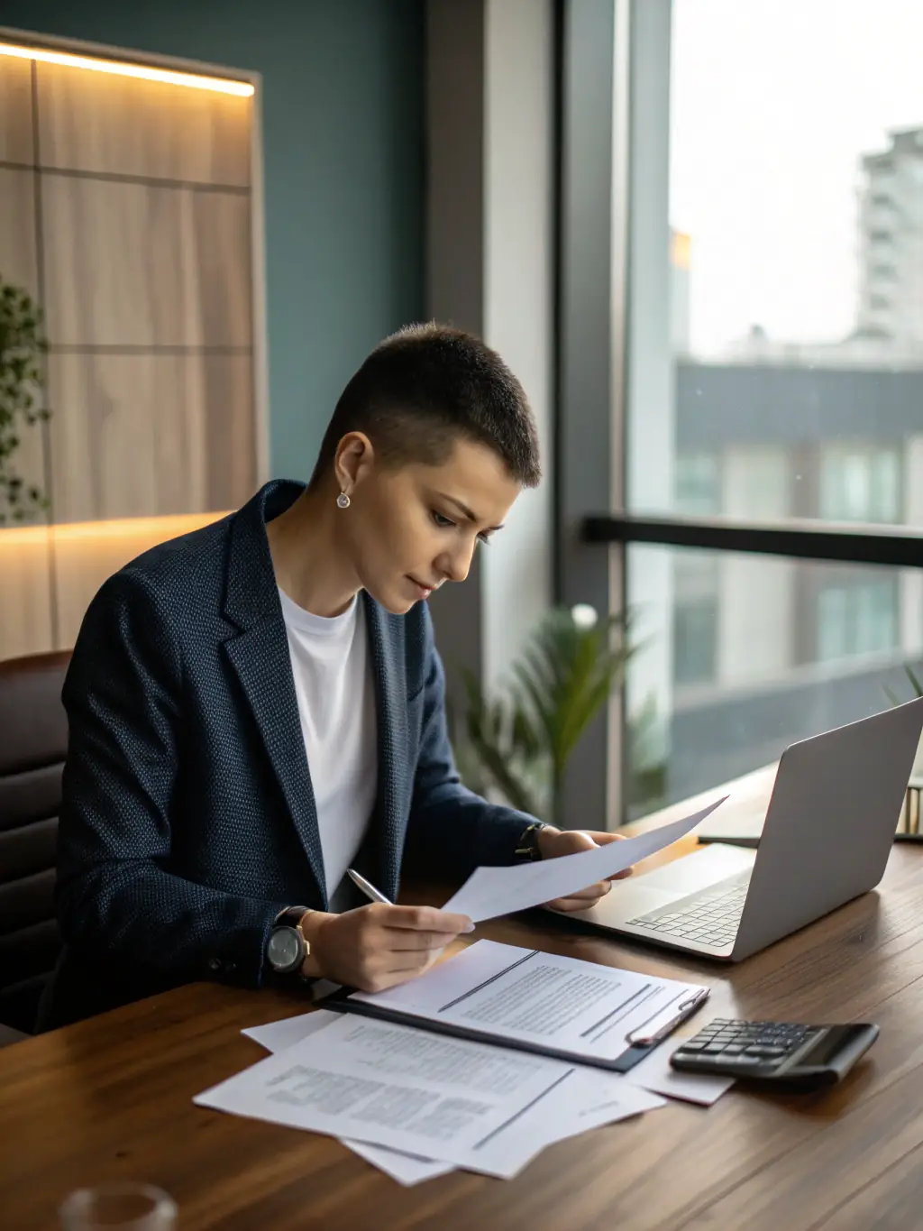A consultant assisting a client with their loan application, reviewing documents and providing guidance in a modern office setting.