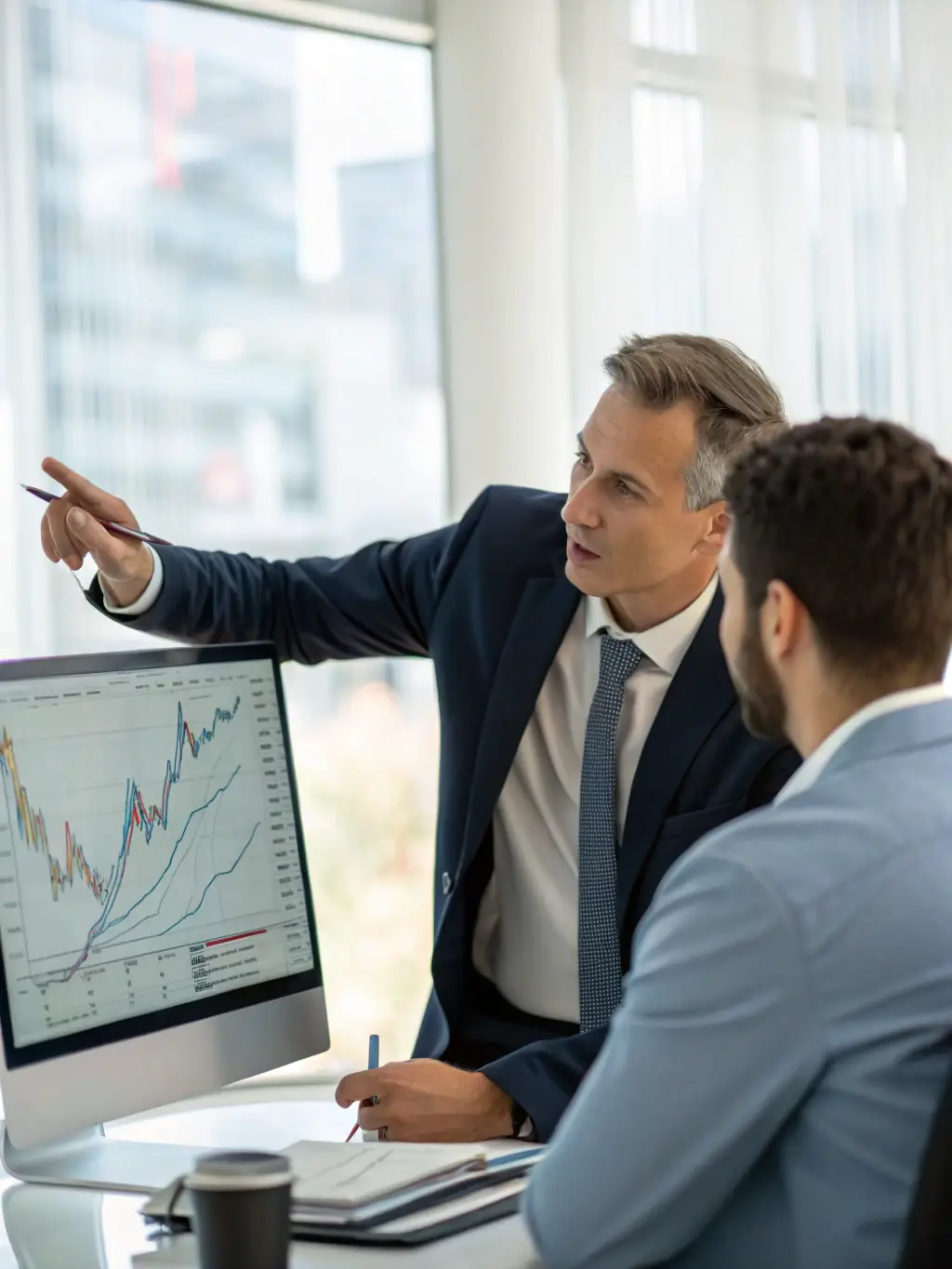 A financial consultant reviewing documents with a client, discussing financial strategies and assessments in a professional environment.