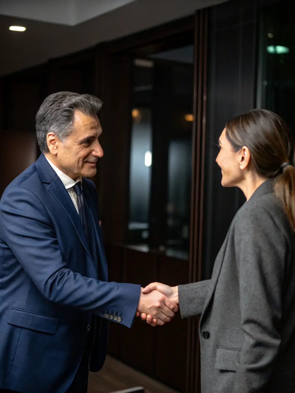 A handshake between a consultant and a business owner, symbolizing a successful loan acquisition and a strong business partnership.